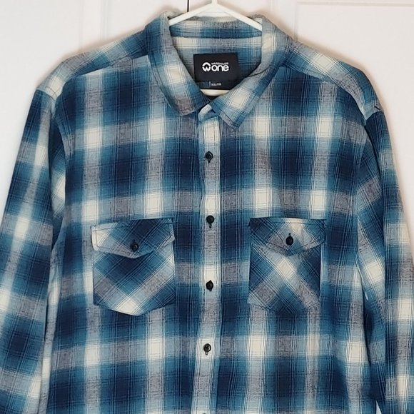 Warehouse One Men's Sz XXL Teal/Navy Blue Long Sleeve Shirt w Pockets - Picture 3 of 12